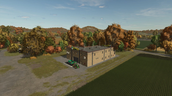 fs25-mods,  Soybean Factory mod in Farming Simulator 25 with a tractor outside, surrounded by autumn trees and fields. FS25 mods.