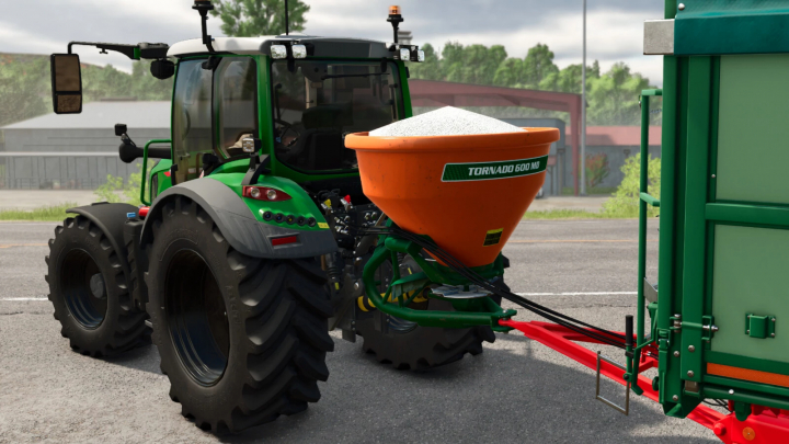 fs25-mods,  Stara Tornado 600 MD mod in Farming Simulator 25, showing a green tractor with orange fertilizer spreader attached.