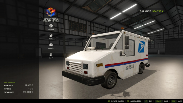 fs25-mods,  FS25 mod USPS Post Office Production Pack showing a postal delivery vehicle in a warehouse.