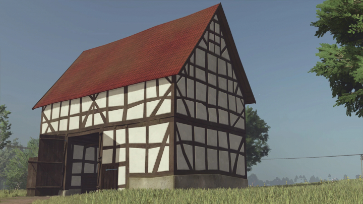 fs25-mods,  Very Old Timberframe Barn mod for FS25, featuring a rustic barn with wooden beams and a red roof in a green landscape.