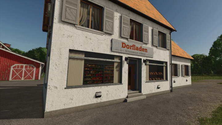 fs25-mods, Village Shop mod v1.0.0.0 for FS25 with a rustic building showcasing produce in Farming Simulator 25.