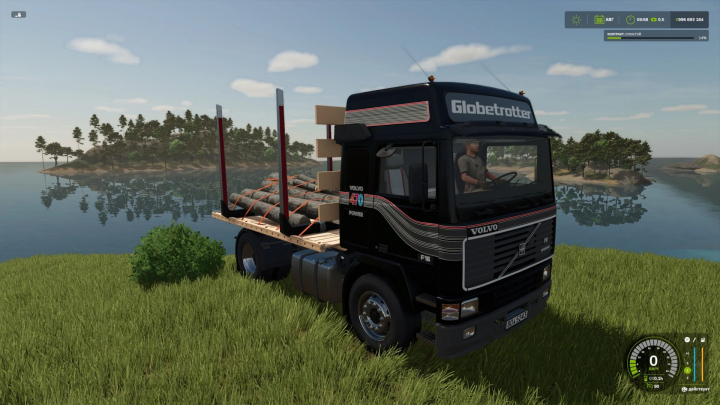 fs25-mods,  Volvo F16 truck mod transporting logs by a lakeside in FS25.