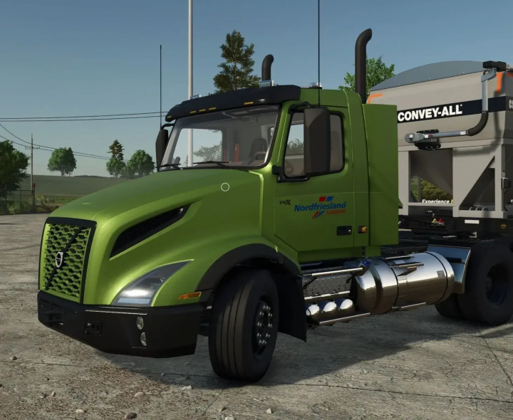 fs25-mods,  FS25 mod Volvo VNX 300 truck from MTSH v1.1.0.0 in green, featuring a sleek design, showcased on a virtual farm map.