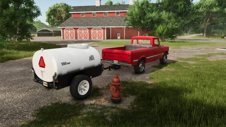 fs25-mods, FS25 mod Water Pump Pack v1.0.0.0 with a red truck towing a white water tank trailer in front of a barn.