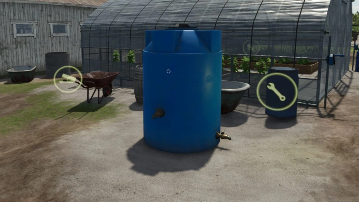 fs25-mods,  FS25 mod Water distributor v1.0.0.0 showing a blue water tank in a farm setting with a greenhouse.