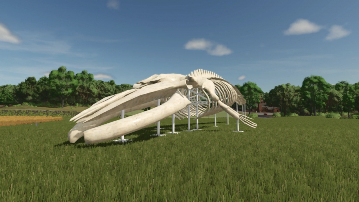 fs25-mods,  Whale skeleton sculpture mod in FS25 field, Farming Simulator 25 mods.