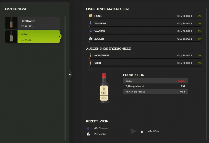 fs25-mods, FS25 Wine Productions Pack mod interface showing honey, grapes, water, and sugar inputs with wine production details.