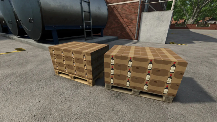 fs25-mods,  FS25 Winery Modpack v1.0.0.1: wine cases on pallets next to a metal tank.