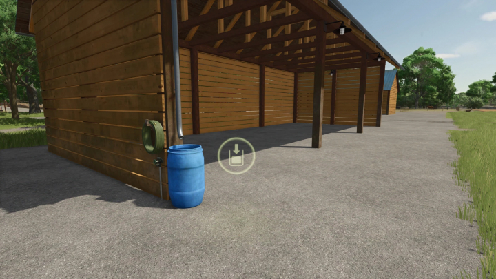 fs25-mods,  Wood barn mod for Farming Simulator 25, featuring an open barn design with wooden walls and a hose reel. FS25 mods showcase.