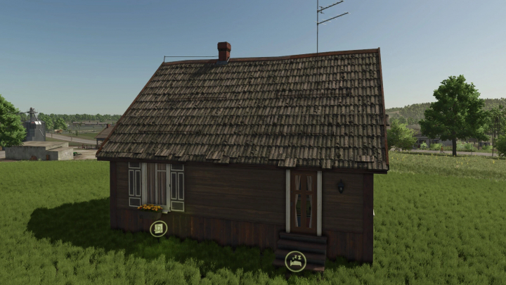 fs25-mods,  Wooden house mod in FS25 game, showing rustic design with a tiled roof set in a lush environment.