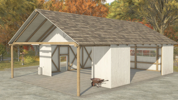 fs25-mods,  Wooden open barn mod for FS25 with rustic design in autumn setting.