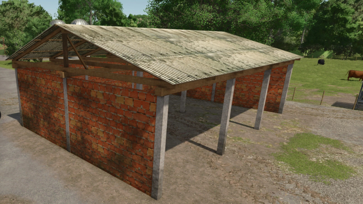 fs25-mods,  Wooden Shed mod v1.0.0.0 in FS25, showcasing a rustic structure with a metal roof and brick walls on a farm.