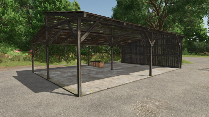 fs25-mods,  Wooden Shed mod in FS25, showcasing an open wooden structure in a rural setting for Farming Simulator 25.