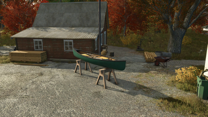 fs25-mods, FS25 mod Woodtrestle v1.0.0.0 featuring a canoe on wooden sawhorses outside a rustic cabin.