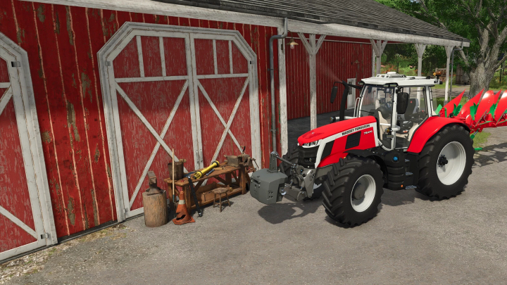 fs25-mods,  FS25 mod image of a Massey Ferguson tractor next to a red barn and workshop table. Farming Simulator 25 mods.