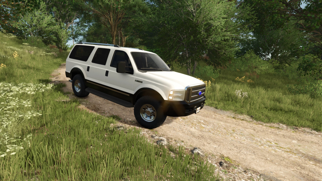 2005 Ford Excursion mod in FS25, depicted on a dirt road surrounded by lush greenery.