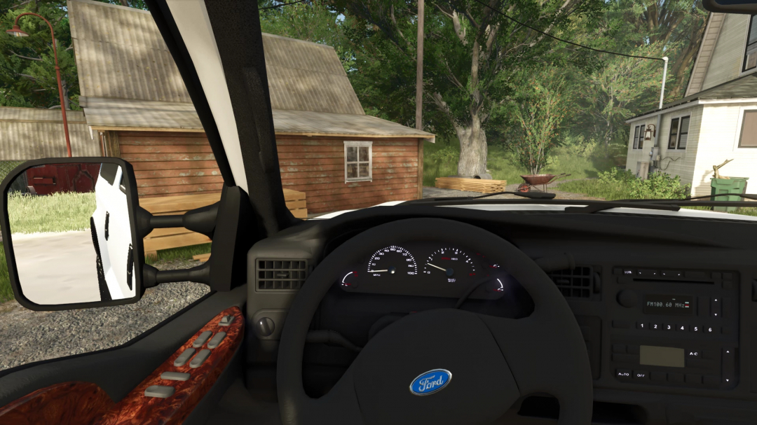 Interior view of 2005 Ford Excursion mod in FS25, showcasing dashboard and steering wheel details.