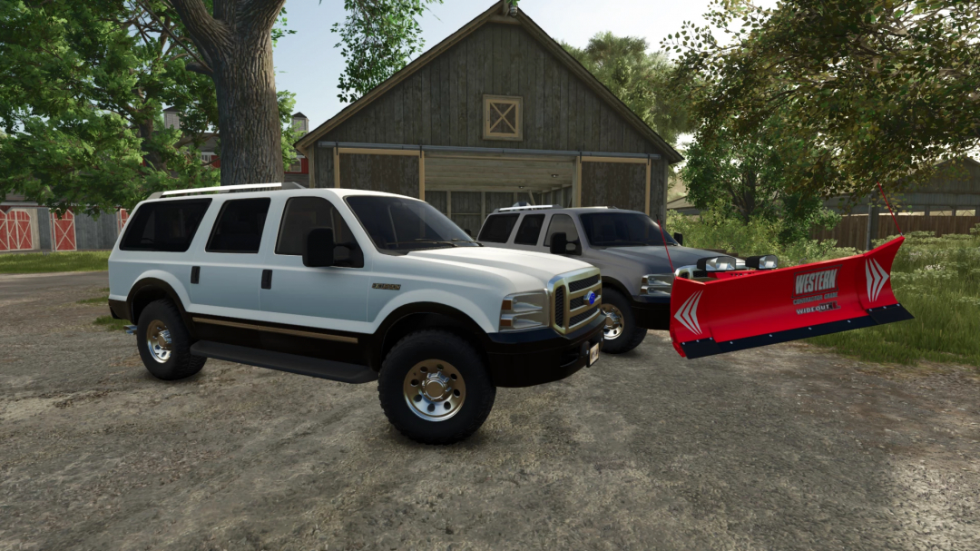 2005 Ford Excursion mod in Farming Simulator 25, featuring a white SUV and a snowplow attachment in front of a barn.