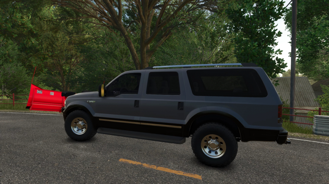 2005 Ford Excursion mod in FS25, showcasing a realistic SUV model on a scenic road.