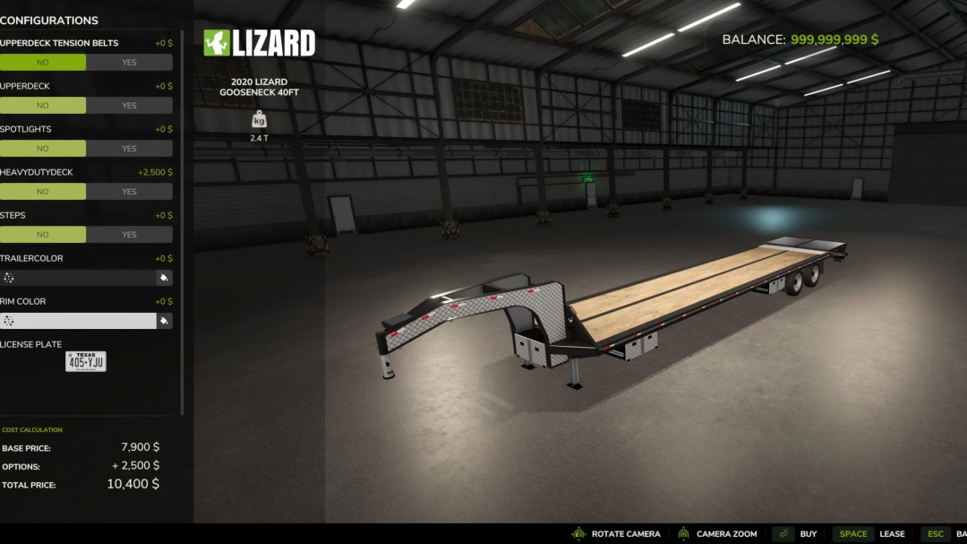 2020 Lizard Gooseneck trailer mod in FS25 with customization options in a warehouse setting.