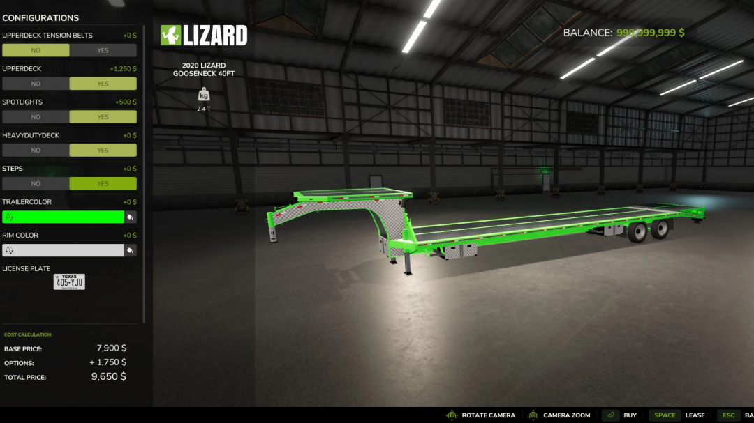 FS25 mod showcasing 2020 Lizard Gooseneck trailer in garage with customization options.