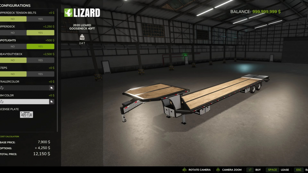 2020 Lizard Gooseneck mod in Farming Simulator 25 showcasing customization options in a warehouse setting.