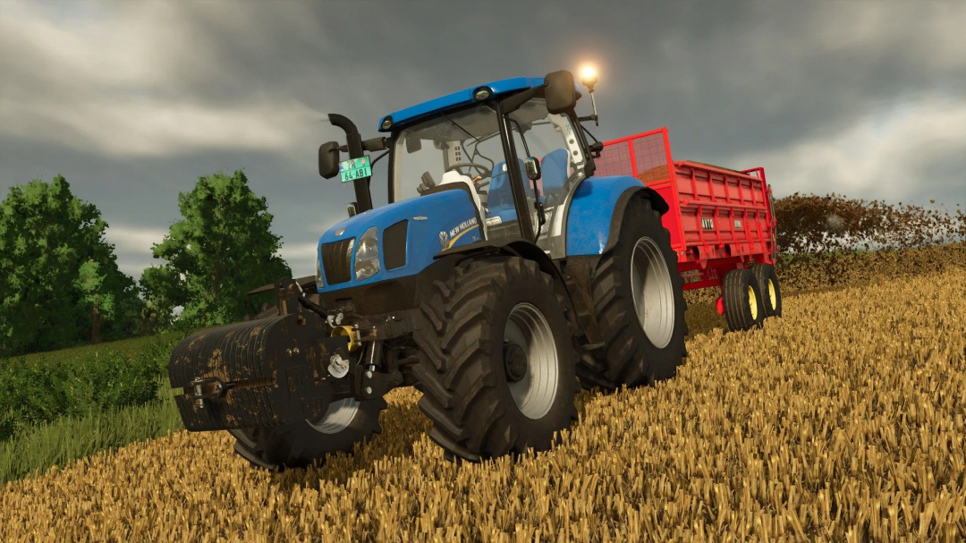 Blue tractor in a field with red trailer, AVTO B7000 mod for Farming Simulator 25.