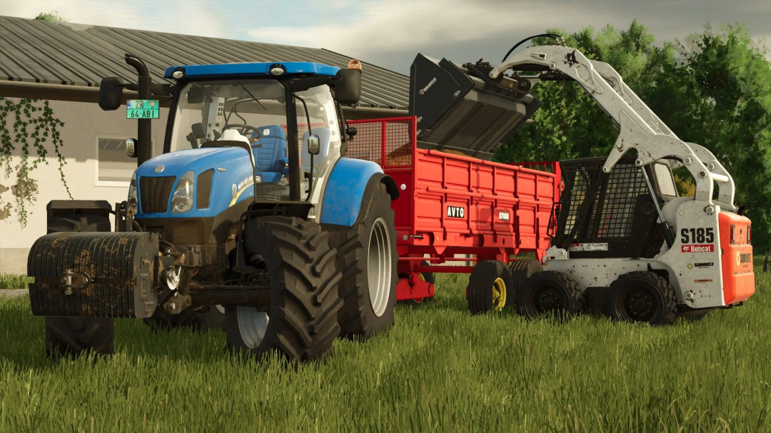 AVTO B7000 mod in FS25 with a blue tractor and red trailer.