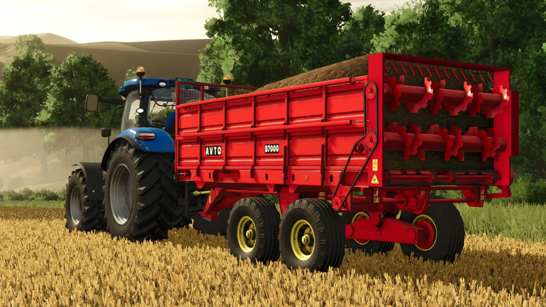 AVTO B7000 mod for FS25 showcasing a red trailer on a farm field.