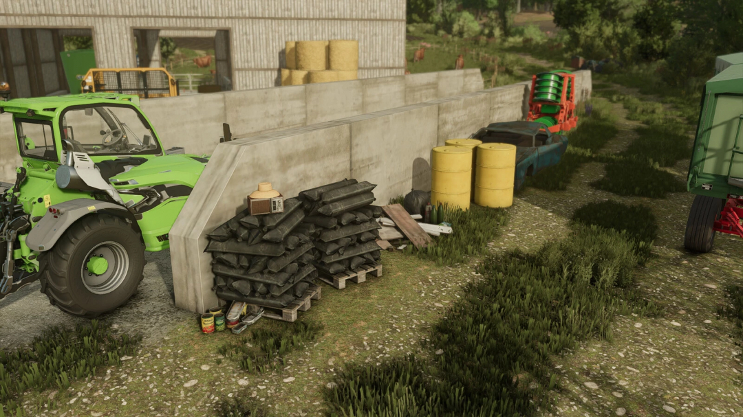 FS25 mods image showing Additional Decoration Package v1.0.0.0, featuring farm equipment and stacked materials.