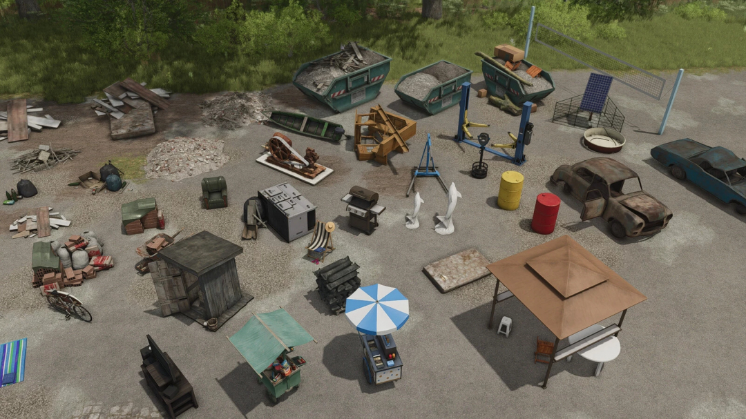 FS25 mods image showing various junkyard items and vehicles from Additional Decoration Package v1.0.0.0 for Farming Simulator 25.