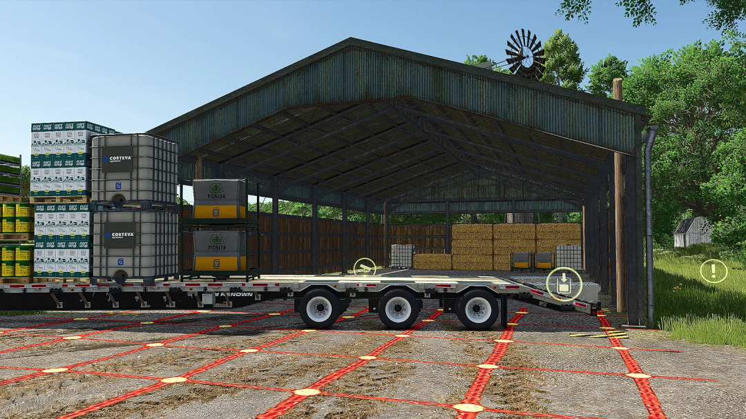 FS25 mods Anywhere Object Storage v1.0.0.0 showing a storage shed with pallets and tanks on a trailer.