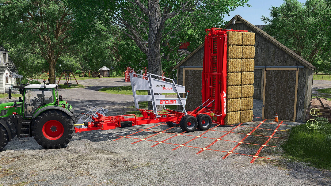 FS25 mod Anywhere Object Storage showing a tractor with a red stacker loaded with hay bales near a barn.