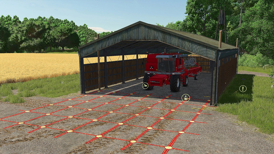 FS25 mod Anywhere Object Storage v1.0.0.0 showing a shed with red markers on the ground and farm equipment inside.