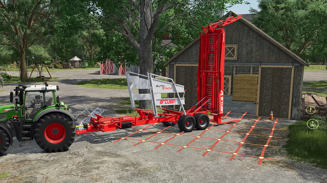 FS25 mod Anywhere Object Storage shows a tractor with an auto stacker near a barn.