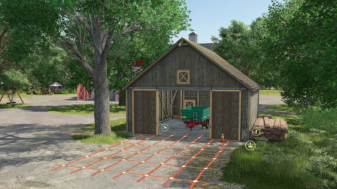 Anywhere Object Storage mod in FS25 shows a barn with a trailer and stacked wood nearby.