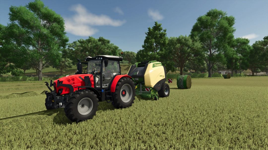 Farming Simulator 25 mod showing a red tractor with a baler in a field. Bale Net Addon v1.0.0.0 featured.