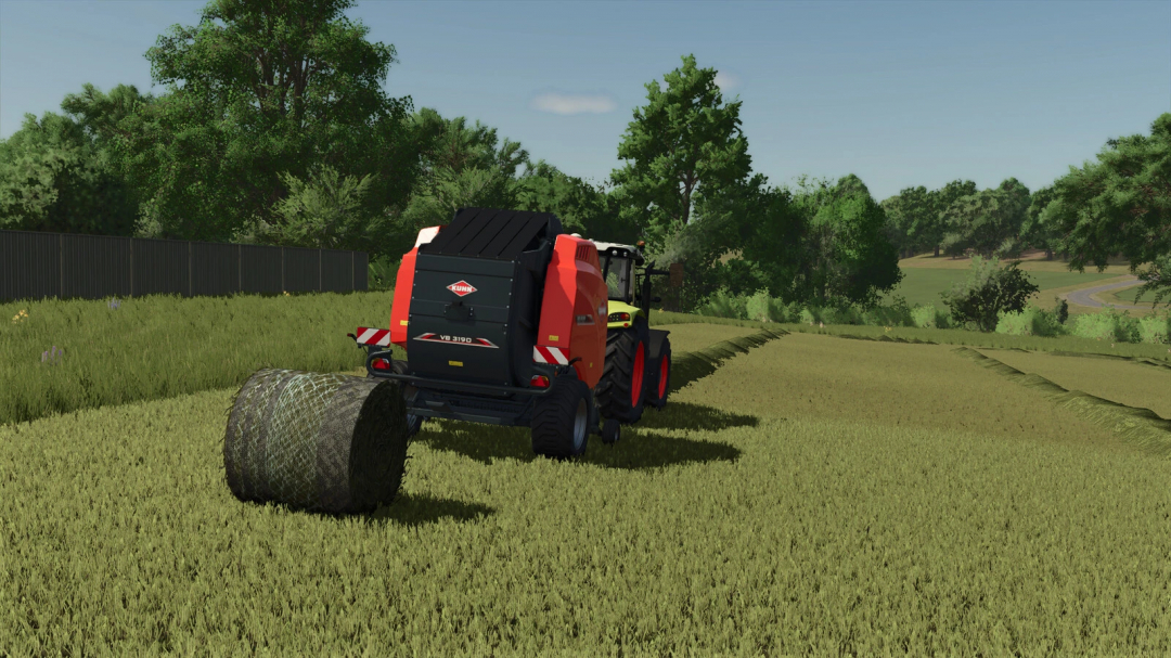 FS25 mod Bale Net Addon v1.0.0.0: Tractor bales hay in lush field.