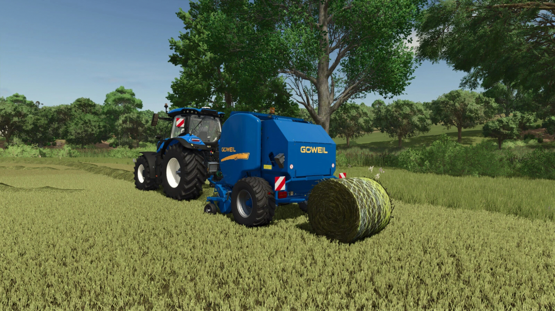 FS25 Bale Net Addon mod showing a blue baler and tractor on a grassy field.