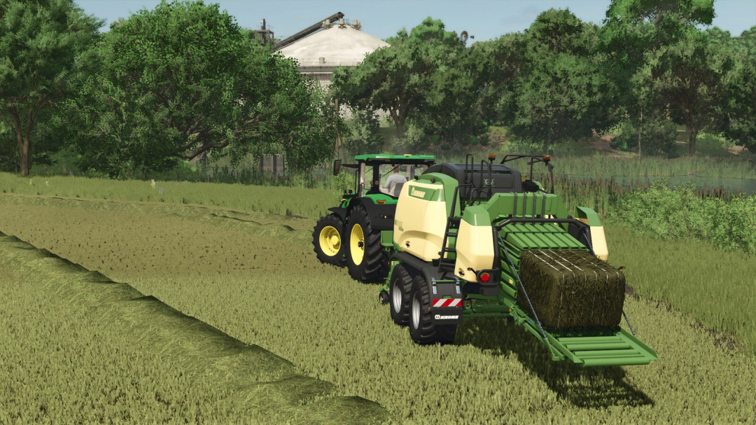 A tractor with a baler in FS25, using Bale Twine Addon mod, operates in a lush green field.