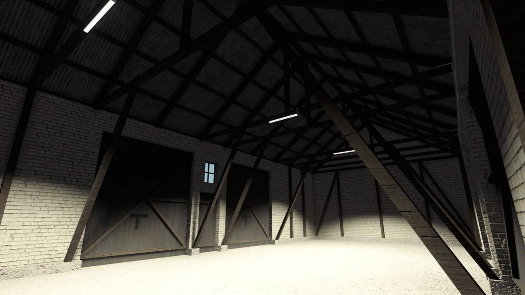 Interior of barn with wooden beams, part of Barn SJ Pack mod for FS25