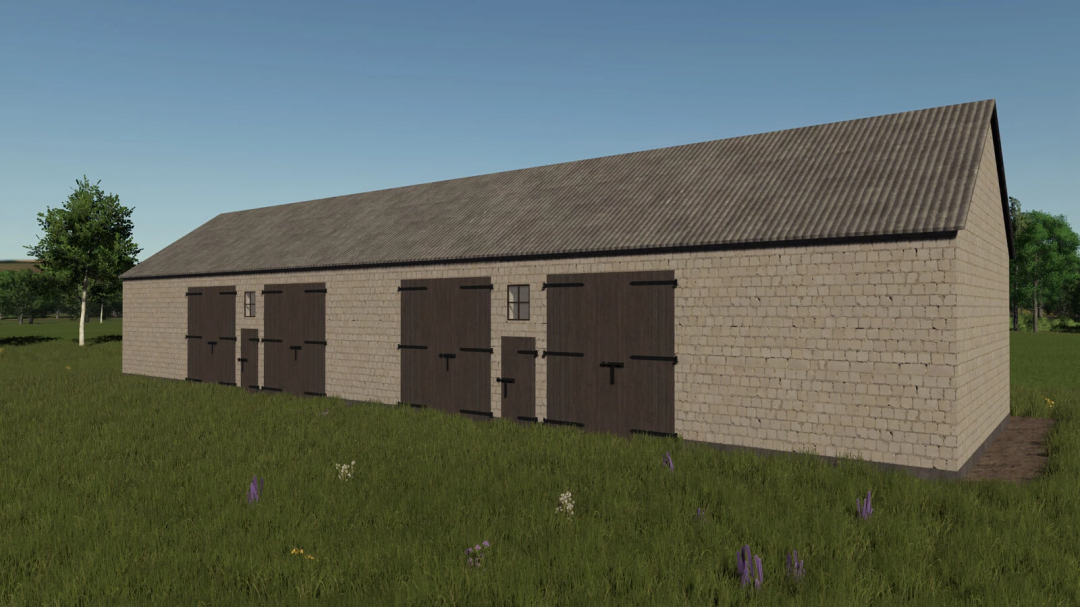 FS25 Barn SJ Pack v1.0.0.0 mod featuring a large brick barn with wooden doors and a corrugated roof in a grassy field.