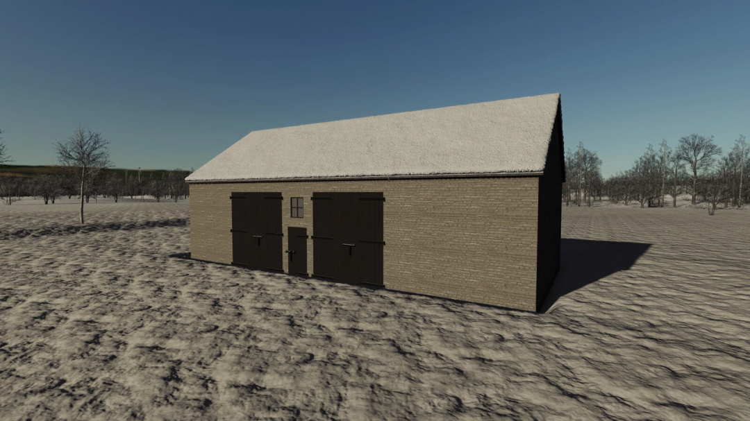 Barn SJ Pack mod for FS25 with a snow-covered barn in winter setting.