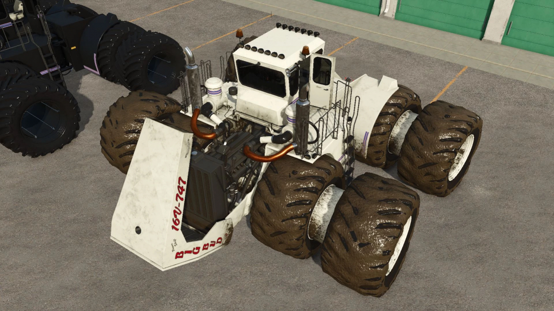 Big Bud 747 tractor mod for FS25 with large tires displayed in a parking area.