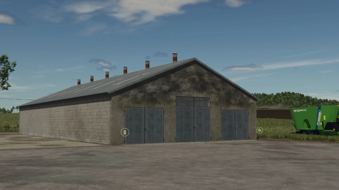 Big Cow Barn mod for Farming Simulator 25, showing a large barn with closed doors on a farm.