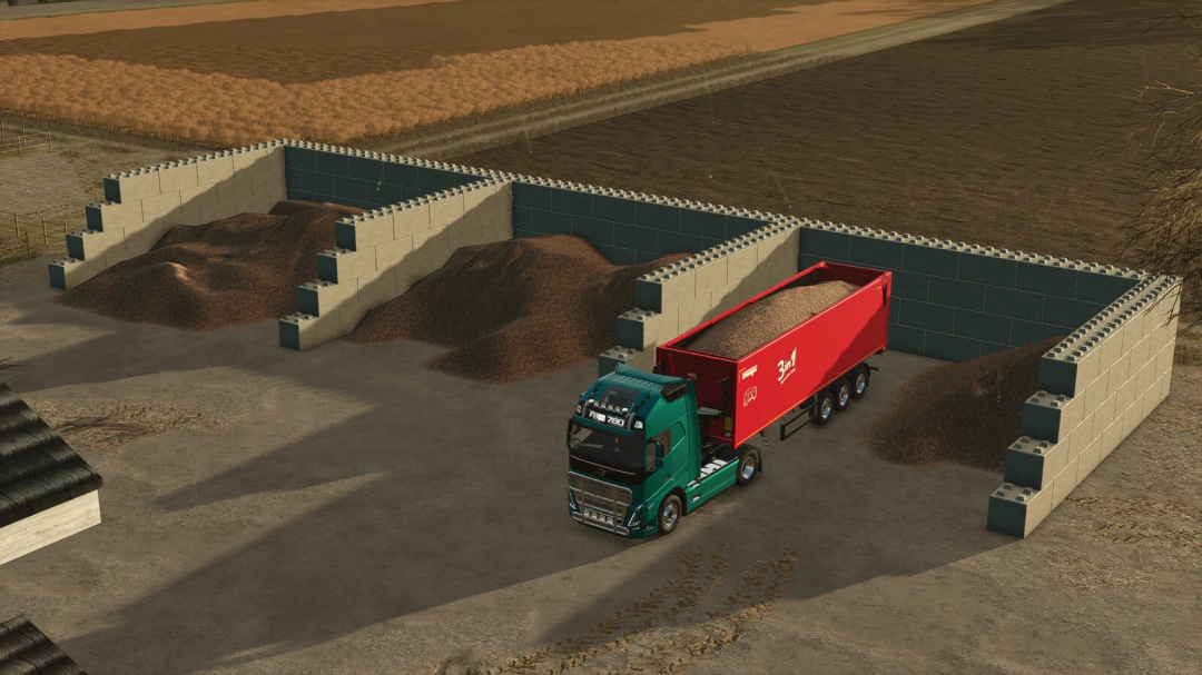 FS25 mod Bulk Material Bunker v1.0.0.0 showing a truck unloading material into concrete bunkers.