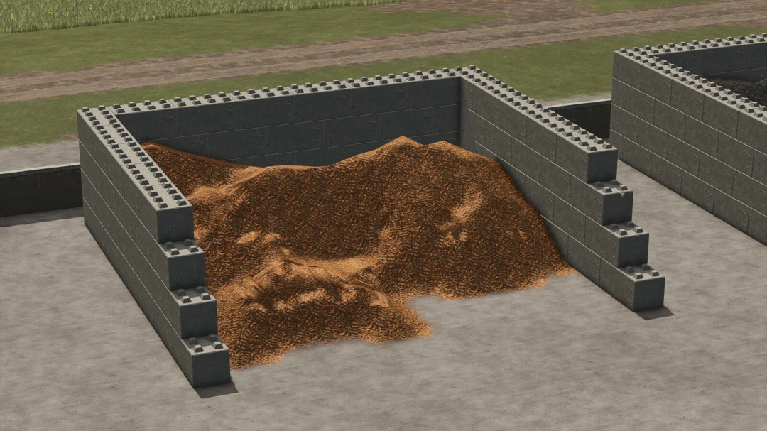 Bulk Material Bunker mod in FS25, showing a large pile of bulk materials inside a concrete bunker structure.