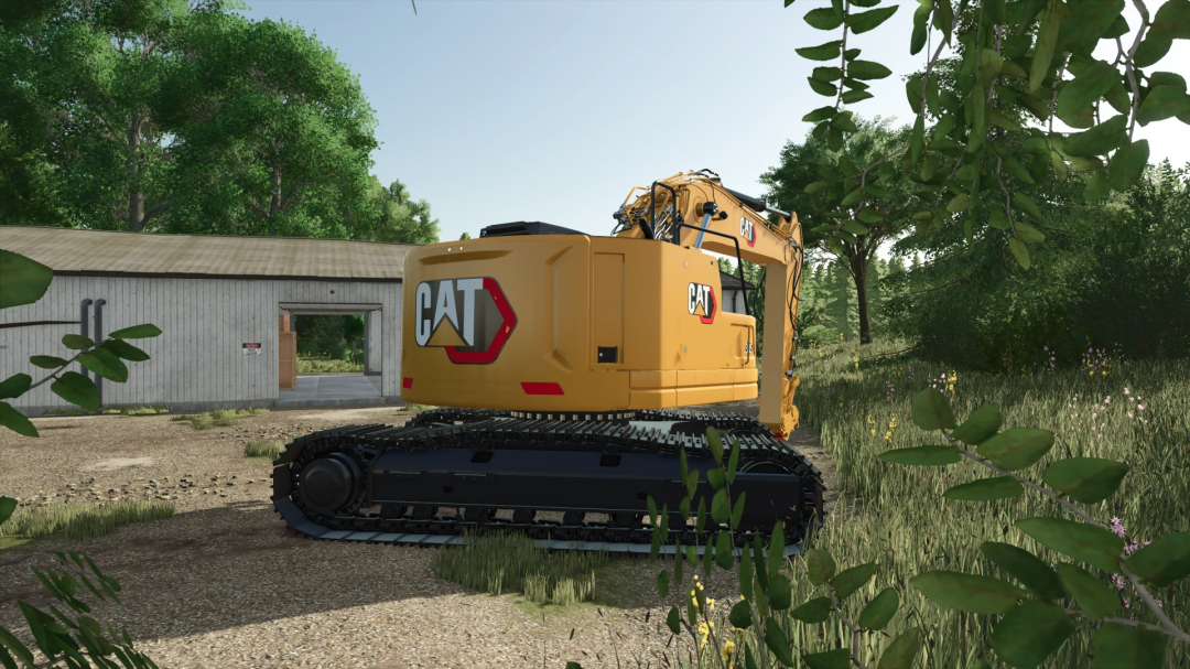 FS25 mod CAT 335 Next Gen v1.0.0.0 excavator in a grassy area, with a building in the background.