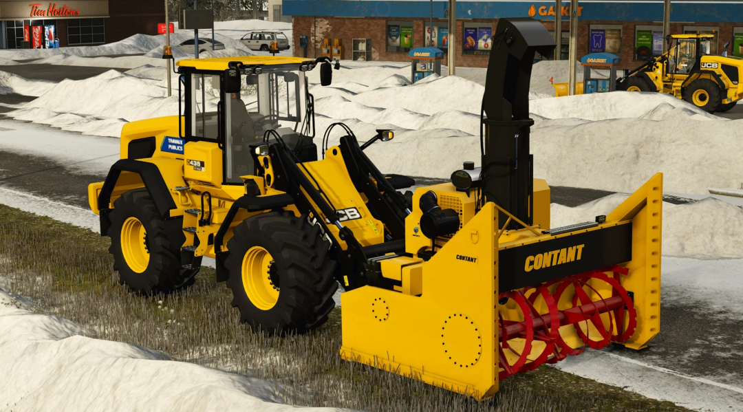 The Contant Snowblower mod for Farming Simulator 25 in action on a yellow tractor surrounded by snow.