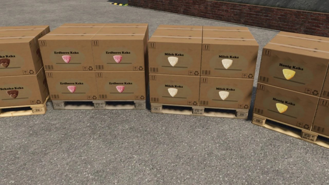 FS25 mods: Cardboard boxes labeled with different cookie flavors in the Cookies Factory mod.